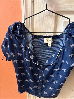 Cleobella Navy Blue Tiger-Print Button-Up Blouse cropped